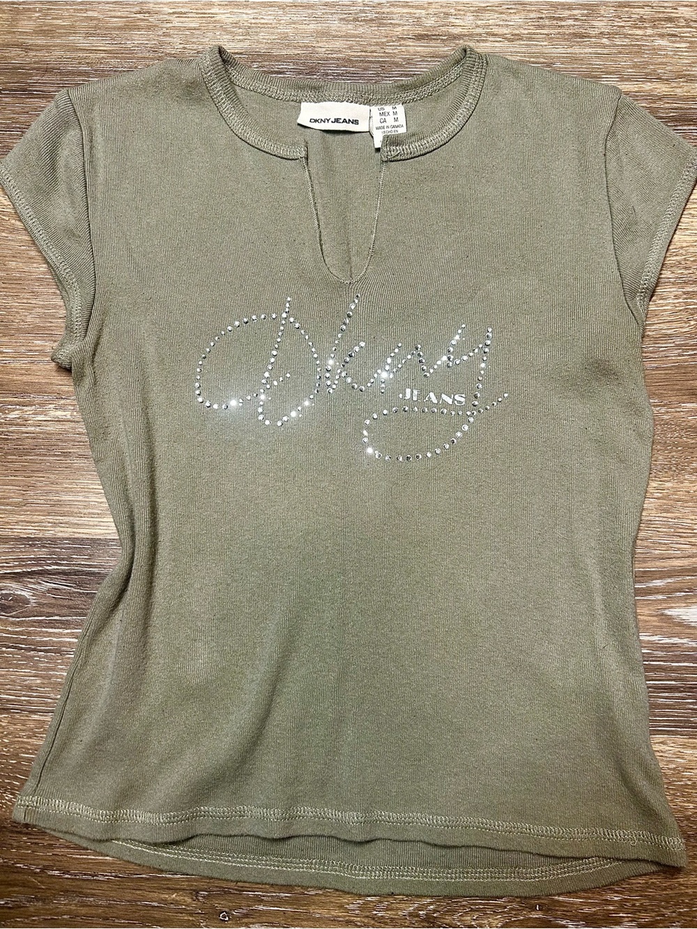 DKNY Jeans Y2K Rhinestone Olive Green Baby Tee